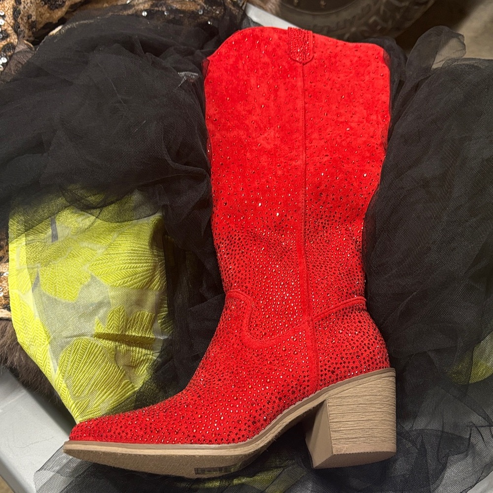 Dazzling Red Heeled Boots with Crystal Accents